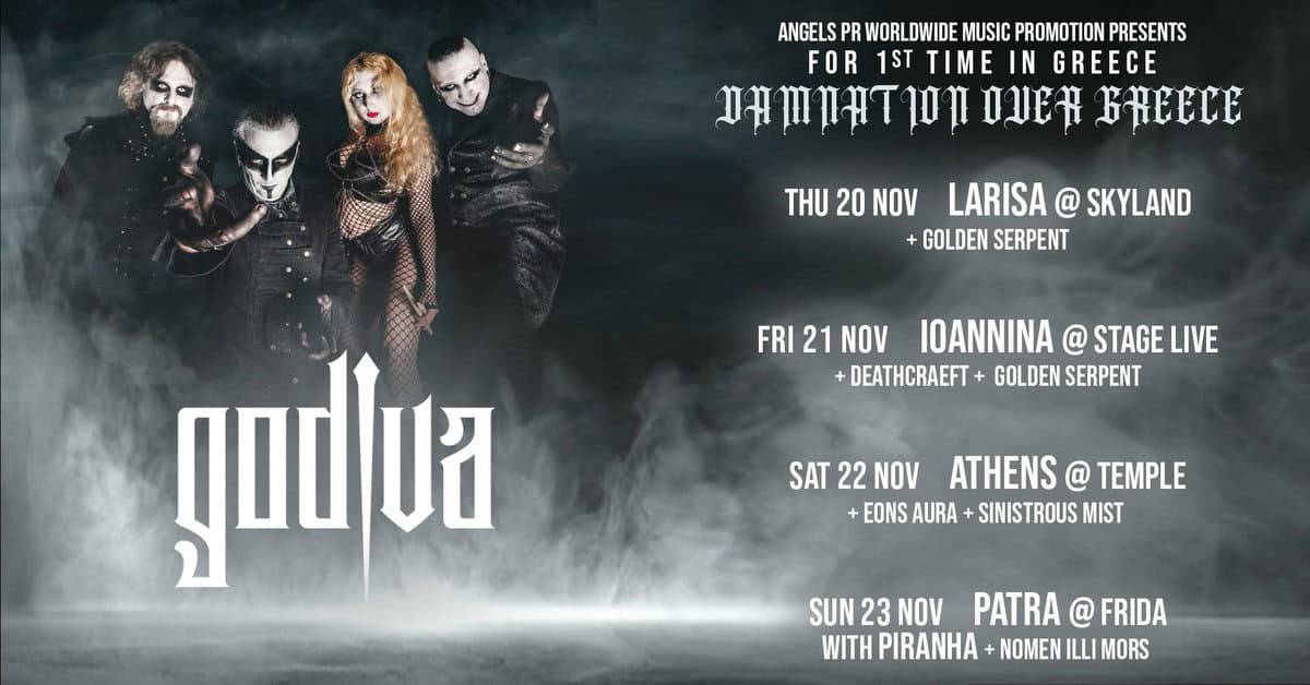 Read more about the article Η ANGELS PR Παρουσιάζει Για Πρώτη Φορά Στην Ελλάδα τους GODIVA – “DAMNATION OVER GREECE”, 20 – 23 Νοεμβρίου 2025