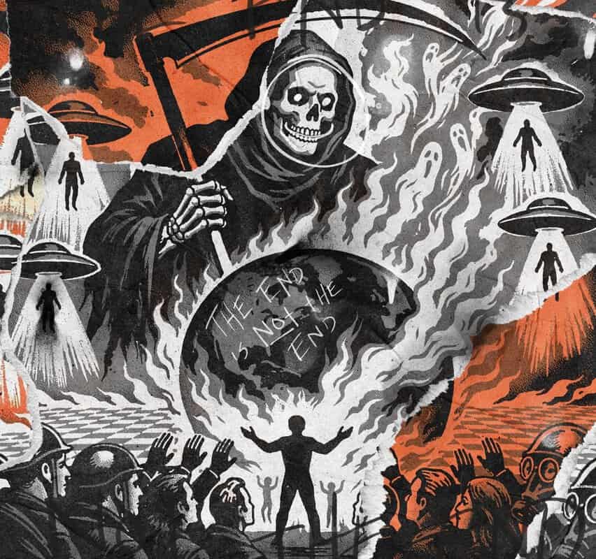 Grim Reaper with a scythe above a blazing globe that reads 'The End Is Not The End,' while a crowd reaches upward and UFOs beam up figures.