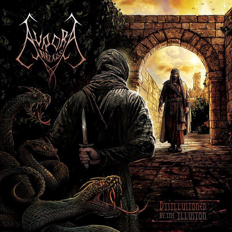 Hooded warrior with a drawn dagger stands among coiled multi-headed snakes under a stone arch, a dark fantasy scene at sunset.