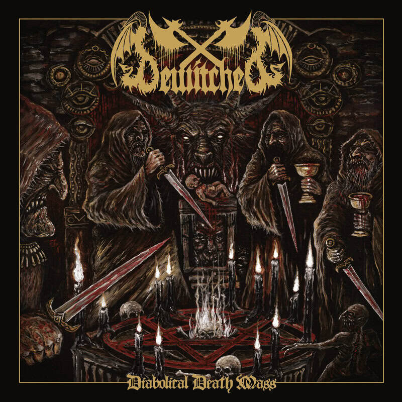Dark metal album cover showing a horned demon presiding over a ritual circle as robed cultists stab swords into a sigil amid candles and skulls.