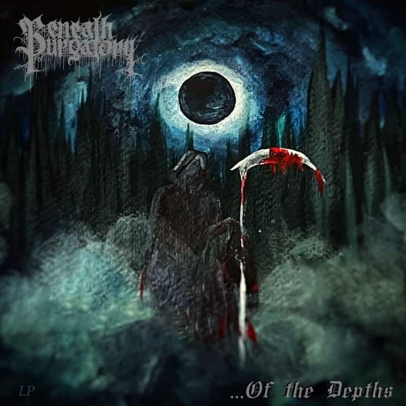 Dark, moody metal album cover: a hooded figure with a bloodied scythe stands in a foggy forest toward a glowing blue eclipse in the distance; gothic band name and '... Of the Depths' subtitle are visible.