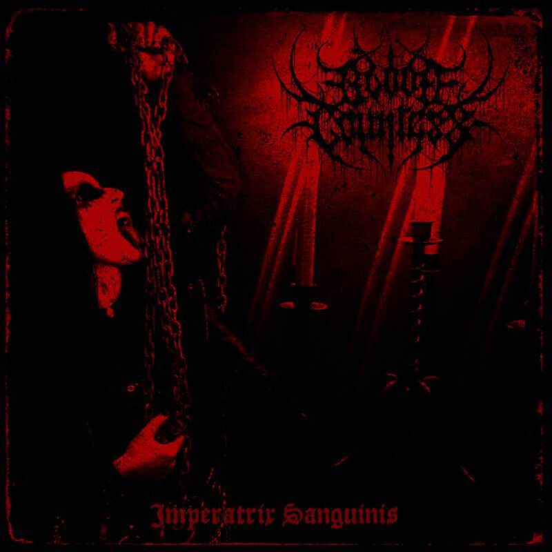 Red-tinted album cover showing a chained figure on the left, candles in the background, and a black metal band logo in the upper right with the title 'Imperattr Sanguinis' at the bottom.