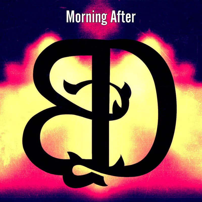Album cover with the title 'Morning After' above a large black ornate monogram on a fiery yellow-pink gradient background.