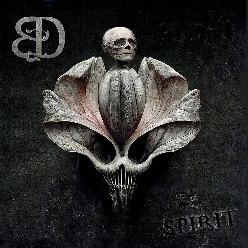 Surreal skull-shaped flower with a skeletal figure perched atop, against a dark textured background.