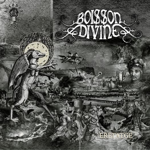 Album cover showing a winged, humanoid creature battling soldiers in a dark, medieval landscape; band name 'Boisson Divine' at the top and 'ERETATGE' at the bottom right.
