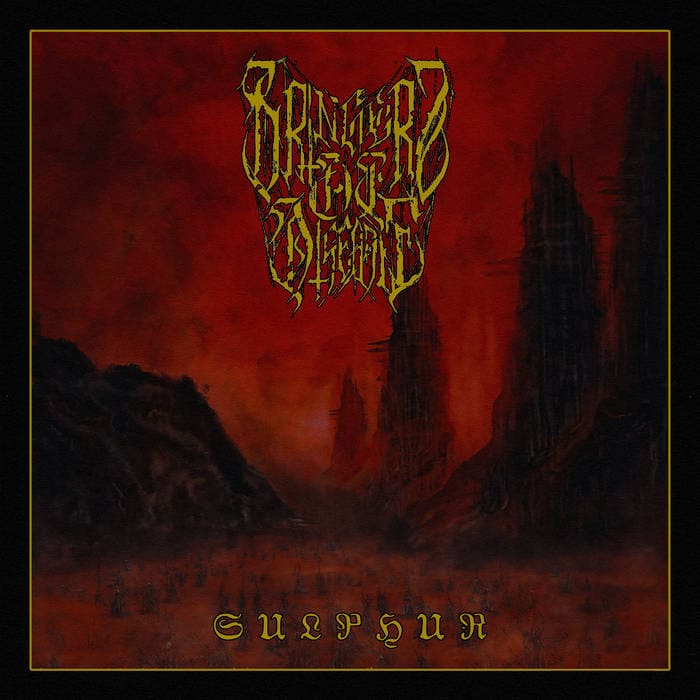 Dark red, desolate landscape with tall jagged rock formations; a gold ornate band logo at the top and the word 'SULPHUR' in gold lettering at the bottom.