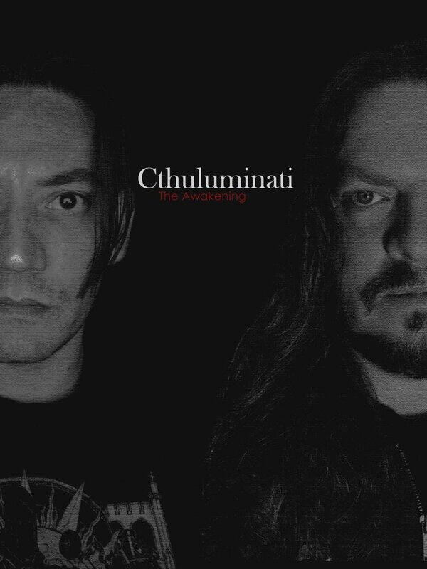 Promotional poster for 'Cthuluminati: The Awakening' with two men’s faces flanking a dark center and red subtitle text.