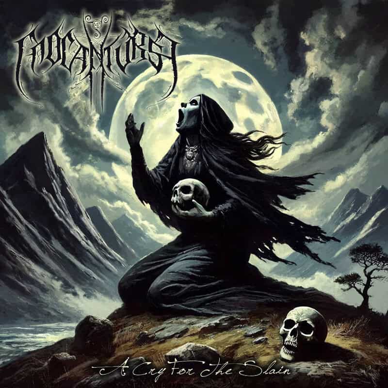 Dark hooded figure chanting with a skull cradle under a full moon on a rocky, stormy mountainscape (album cover).