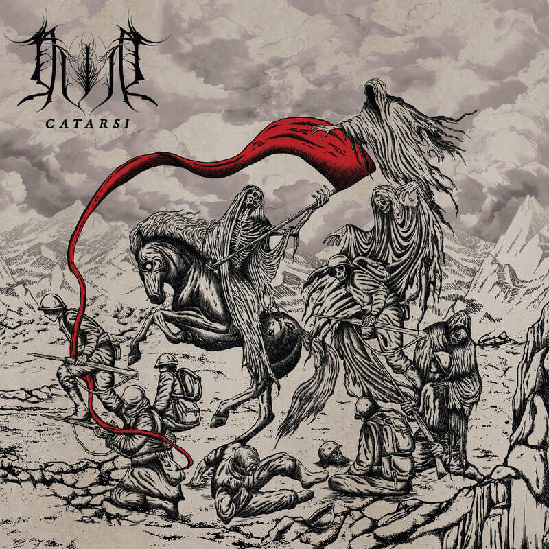 Album cover art for a metal band showing hooded, ghostly figures around a rearing horse on a desolate battlefield with a red ribbon sweeping through the scene, and the band name in the top left.