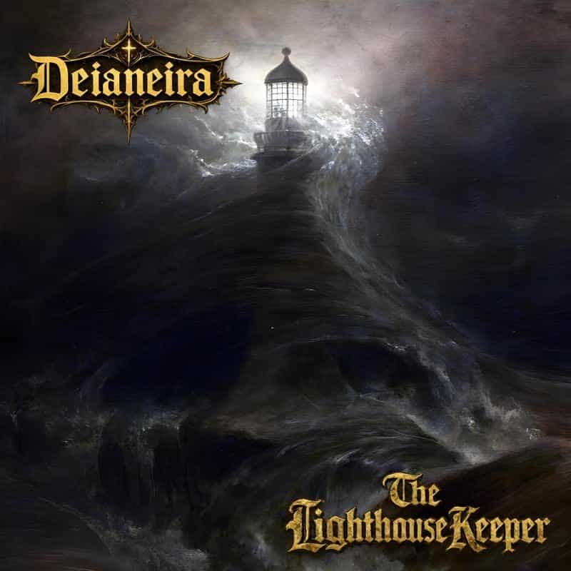 Stormy seascape with a lighthouse perched on a giant curling wave; Deianeira logo top-left and The Lighthouse Keeper title bottom-right.