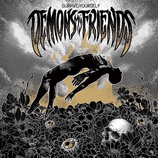 Album cover showing a black silhouetted figure arching above a bed of dark flowers and skulls, with jagged band name lettering and the caption 'Survive Yourself'