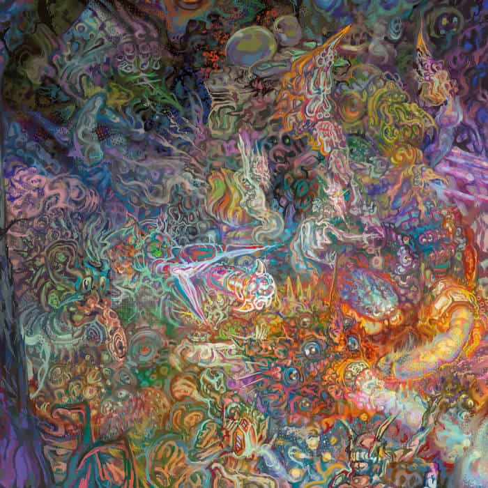 Vibrant abstract painting with swirling, multicolored shapes and fantastical forms.