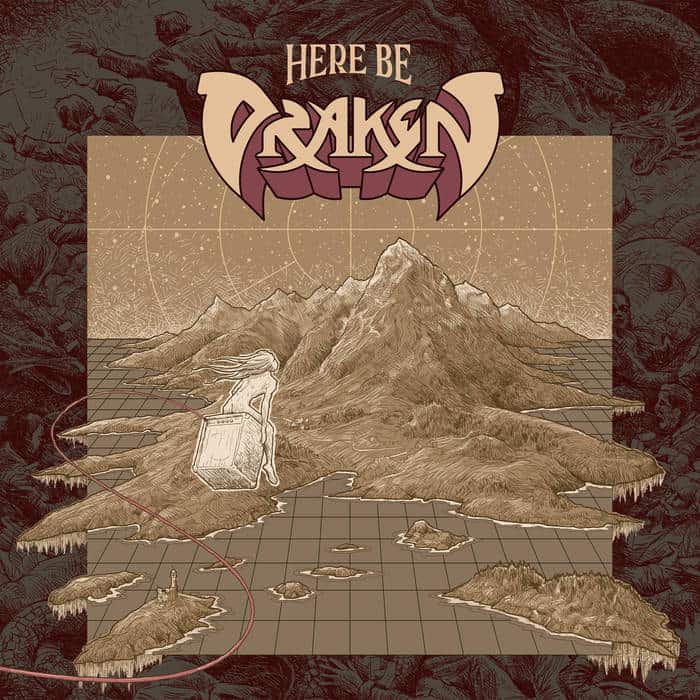 Album cover: sepia-toned mountains on a grid with a girl carrying a suitcase along a red cord, circular star grid behind, 'Here Be Dragon' logo above.