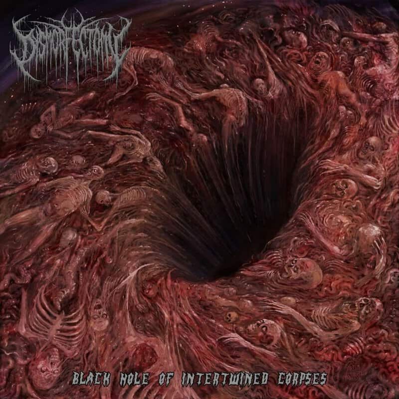 A dark, surreal hellscape of entwined corpses forming a whirlpool toward a black hole; band logo in the upper left reads the title.