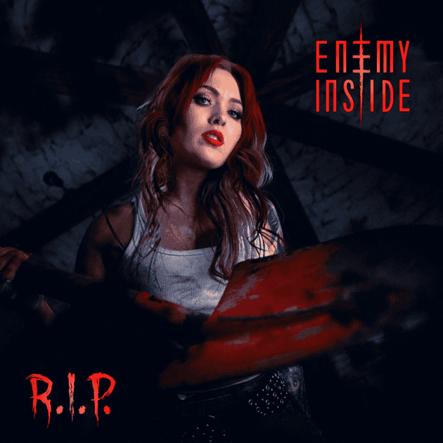 Promotional poster featuring a woman with red hair against a dark backdrop; 'R.I.P.' in red bottom left and 'Enemy Inside' logo top right.