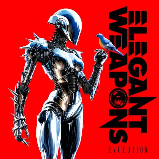 Chrome female android in spiked armor on a bright red background, with a small blue bird perched on her finger and bold vertical text reading 'Evolution' (album/cover art).