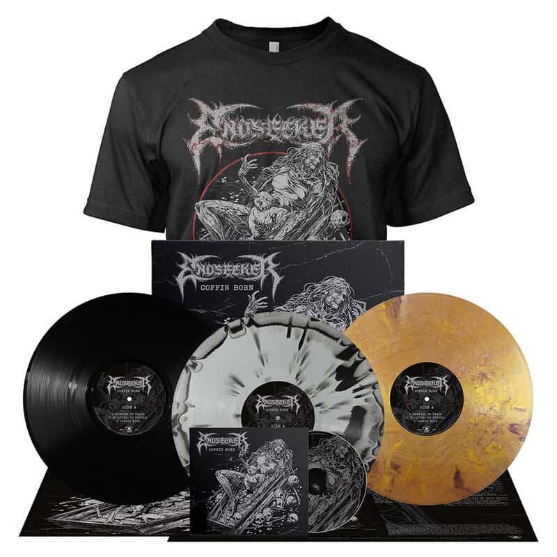 Metal band merchandise bundle: black T‑shirt with grim skull artwork plus three vinyl LPs (black, white marbled, gold marbled) and matching album art.