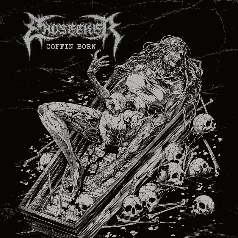 Dark metal album cover: a coffin tilted on a black background, a skeletal figure and a long-haired man amid skulls and bones, 'COFFIN BORN' text above.