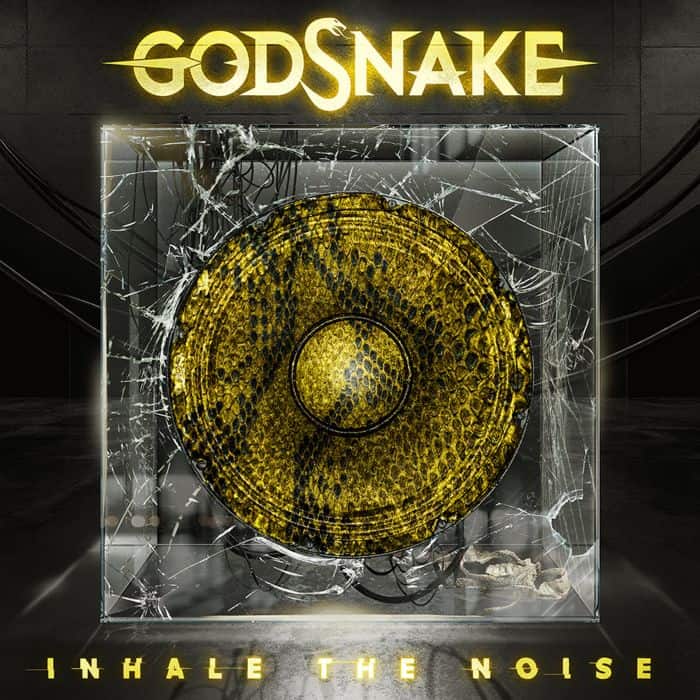 Album cover with a cracked glass cube housing a yellow speaker; yellow 'GOD SNAKE' text above and 'Inhale the Noise' below.