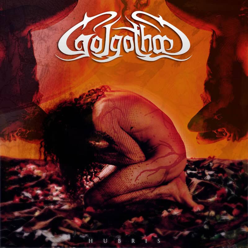 Album cover: a nude person curled on a leaf-strewn ground in a fiery orange scene, white stylized band logo above and 'Hubris' at the bottom.