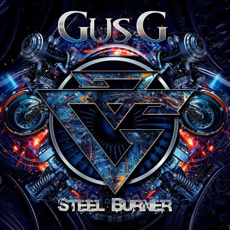 Album cover: Gus G 'Steel Burner' with a bold metallic triangular emblem inside a circular design and blue-orange fiery accents.