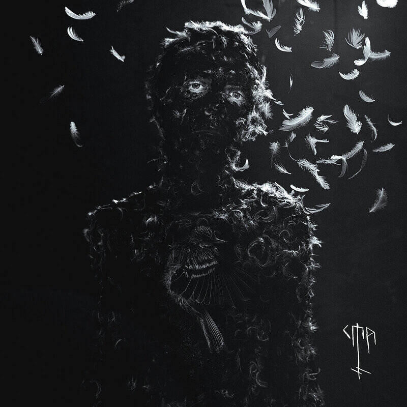 Monochrome portrait of a person whose skin appears covered in black feathers, with white feathers drifting around them against a dark background.