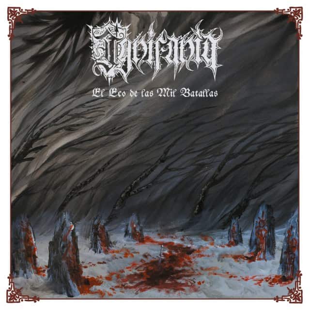 Album cover with a dark, stormy sky, blood-streaked snow, and standing stone figures in red robes beneath a gothic band logo at the top.