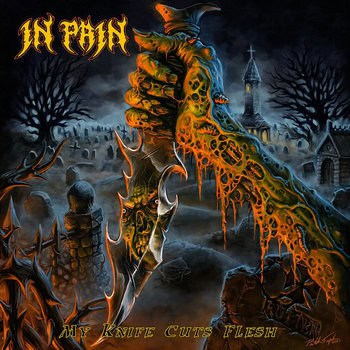 Album cover art: a grotesque green, flesh-like hand gripping blades in a dark graveyard scene; band logo in orange at the top and the title 'My Knife Cuts Flesh' at the bottom.