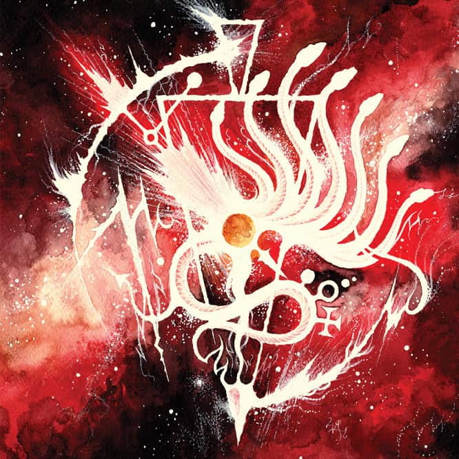 Abstract red and white painting with flame-like, dragon- or phoenix-inspired shapes against a cosmic red background.