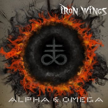 Album cover showing a fiery circular ring around a dark center with a mysterious symbol; 'ALPHA & OMEGA' at the bottom and 'IRON VING' at the top.