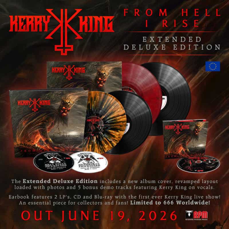 Promotional image for Kerry King: From Hell I Rise Extended Deluxe Edition, showing multicolor vinyl LPs, album art, and memorabilia, release date June 19, 2026.