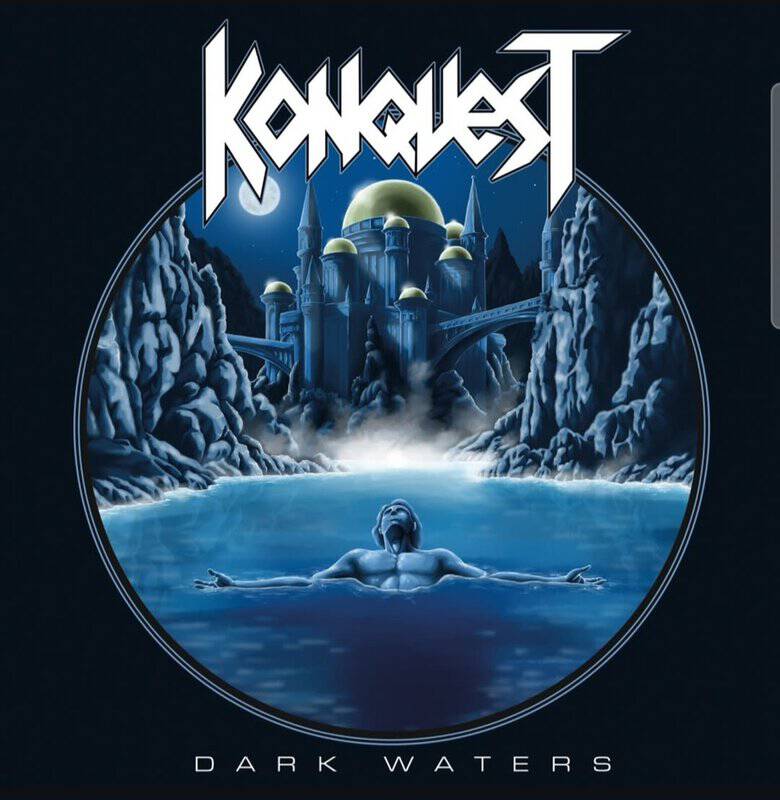 Album cover: Conquest—Dark Waters. A blue circular scene shows a swimmer in a misty pool with a jeweled castle in a rocky gorge behind.