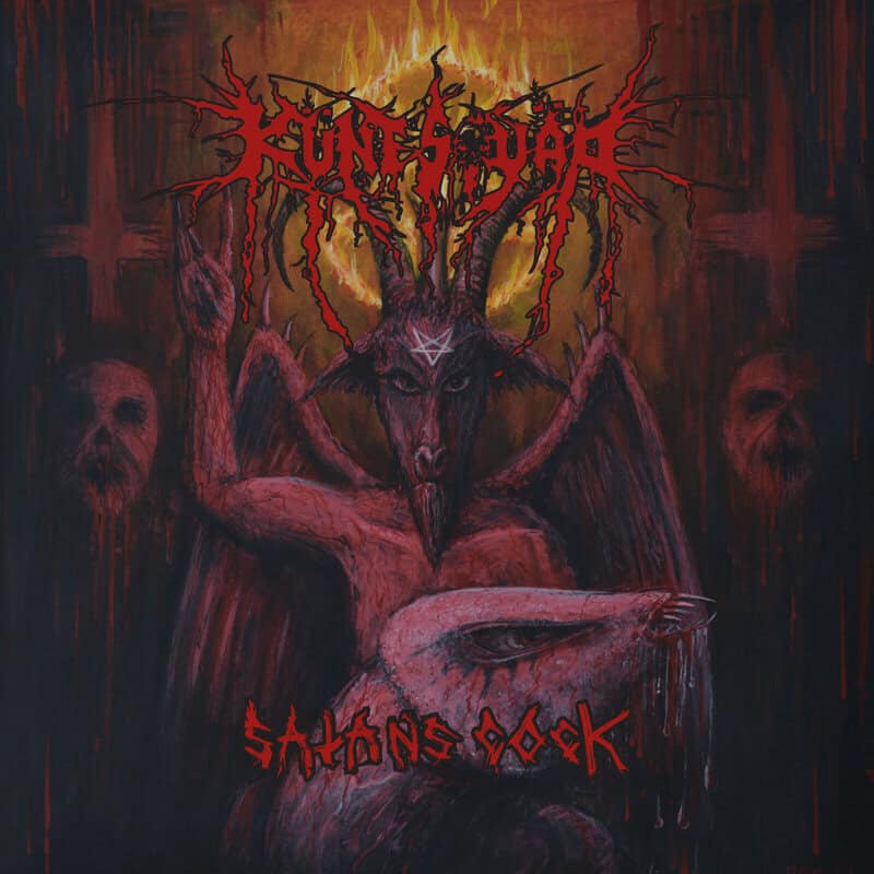 Dark metal album cover with a horned demon goat, wings, and fire behind; red distorted band logo above the figure.