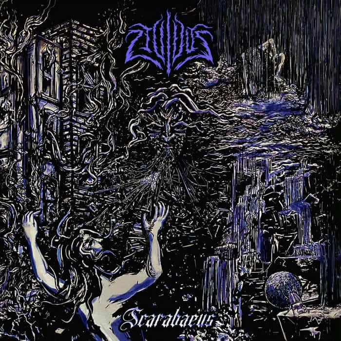 Dark metal album art: a figure reaches up through tangled ruins and swirling tendrils, with blue highlights and a purple band logo at the top of the image.