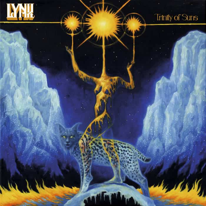 Surreal fantasy album cover: a glowing golden figure stretches upward, holding three suns above a snow leopard in an icy canyon.