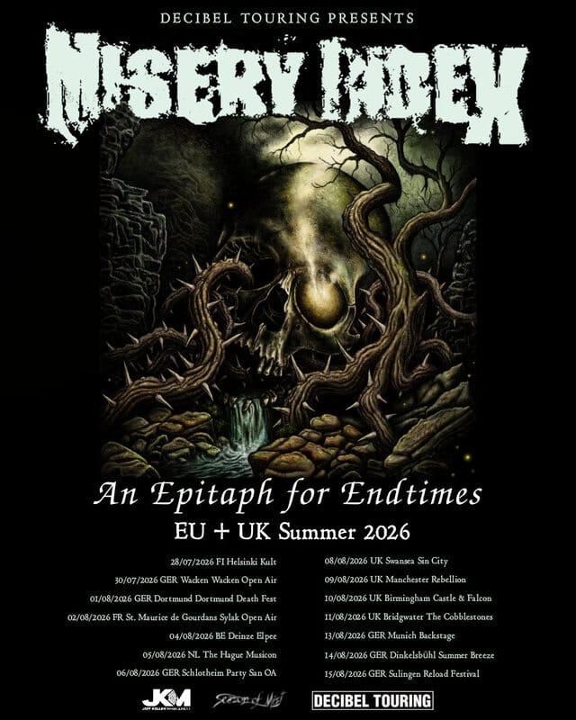 Dark metal-tour poster: jagged white band name at top, eerie skull formed by twisting roots in a rocky forest scene, title 'An Epitaph for Endtimes', EU+UK Summer 2026 tour dates listed below.