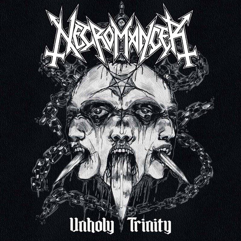 Album cover showing a chained, triple-faced skull with open mouths and long fangs; title 'Unholy Trinity' at bottom (extreme metal style).