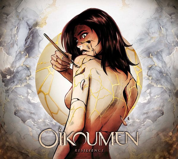 Illustrated woman with gold crackles on her skin, dagger at her shoulder, glowing circle behind; conveys resilience.