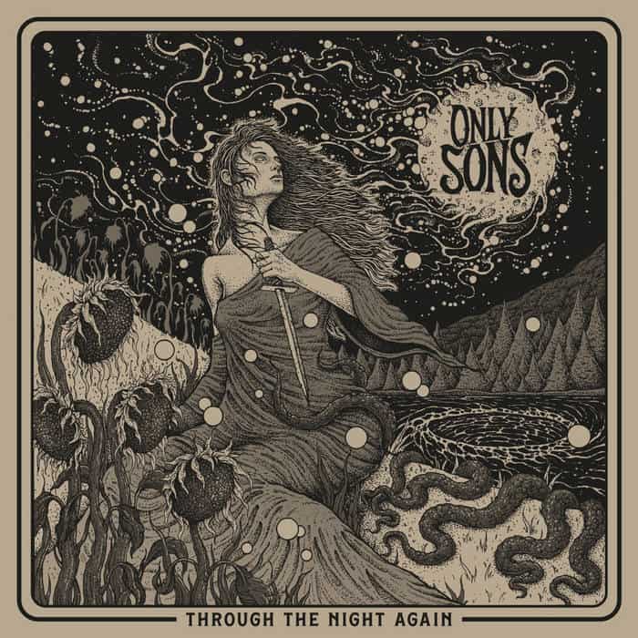Album cover with a woman in a flowing dress holding a dagger, surrounded by vines, pumpkins, and snakes under a starry night sky with the band name.
