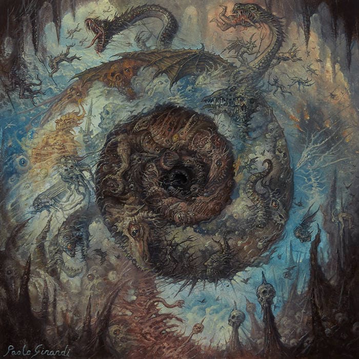 Dark fantasy painting showing a spiraling whirl of grotesque creatures and tentacles, with skulls and eerie figures beneath.