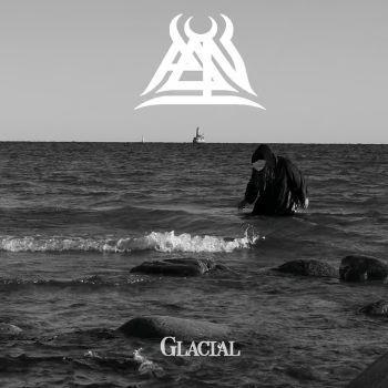 Black-and-white photo of a person wading in waves near rocks, horizon visible, with a white abstract logo above and the word GLACIAL at the bottom