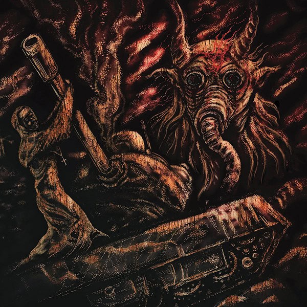 Dark fantasy scene: a hooded fighter raises a huge, jagged blade against a fiery, tentacled monster with a gasmask-like face.