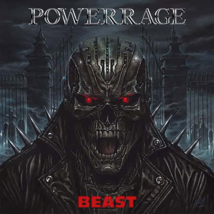 Album cover featuring a skeletal, armored figure in a black leather jacket with glowing red eyes against a dark, gate-filled background; 'POWER RAGE' at the top and 'BEAST' at the bottom.
