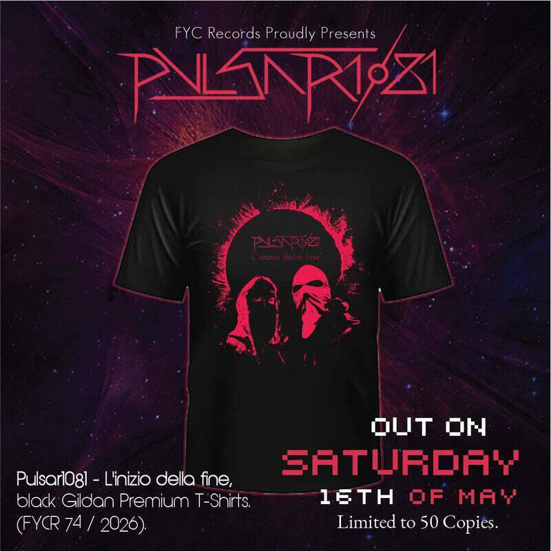 Pulsar081 promo: black T‑shirt with red circular burst and two hooded figures, with Italian title text.