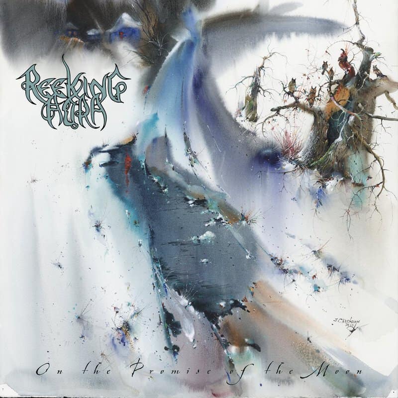 Album cover: abstract snowy landscape with a branch of owls perched on the right, ornate band logo in the top left, and the title 'On the Promise of the Moon' along the bottom.