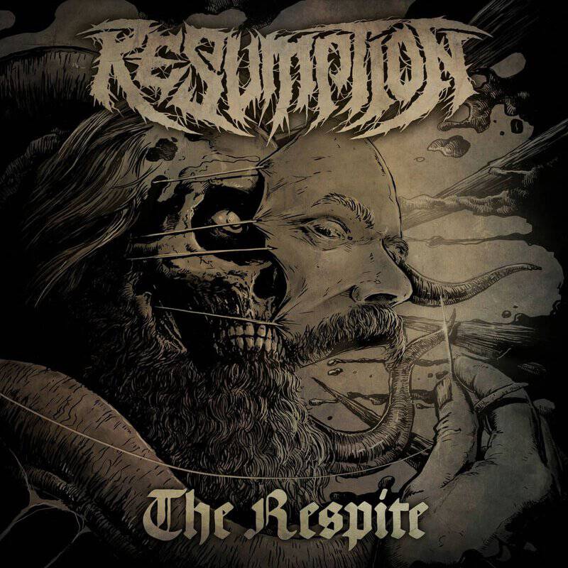 Album cover: a grim, monochrome illustration of a bearded man’s face blending into a skeletal skull, with a snake wrapped around his neck and barbed lines across the image, band name Resignation at the top and The Respite at the bottom.