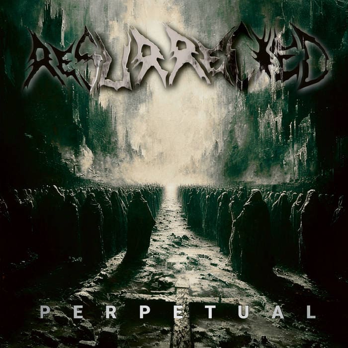 Album cover with hooded figures along a dark path toward a bright light, band name at top, 'PERPETUAL' at bottom.
