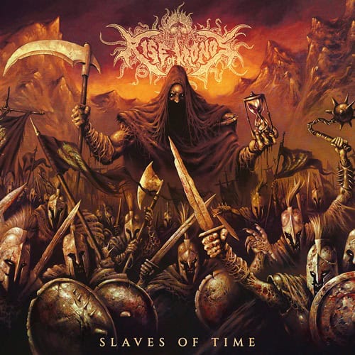 Hooded skeletal figure looms over a fiery battlefield, raising a scythe and an hourglass among armored soldiers; album cover for Slaves of Time