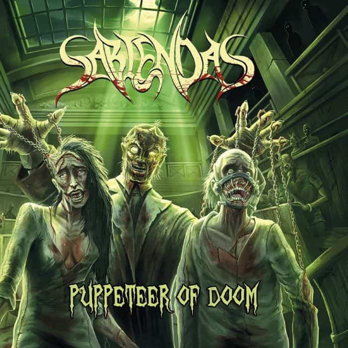 Horror-style album cover: three zombie figures in a green-lit church interior, band name above and the title Puppeteer of Doom below.