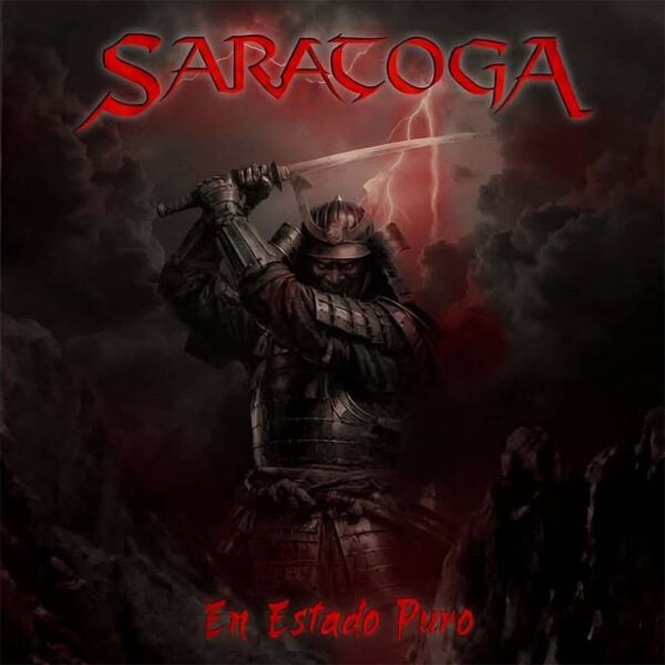 Dark album cover with an armored knight swinging a glowing sword amid stormy red clouds; 'SARATOGA' at top and 'En Estado Puro' at bottom.